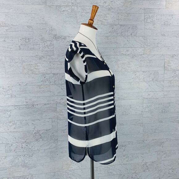 LOFT blue striped sheer cap sleeve blouse navy white business casual - Picture 2 of 7